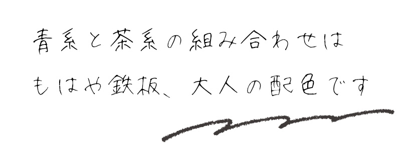 青系と茶系の組み合わせはもはや鉄板、大人の配色です